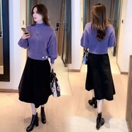 艾蔓婕連衣裙女時(shí)尚毛衣套裝女士?jì)杉浊锒驴顚捤蓽p齡時(shí)尚洋氣女裝 紫色上衣+半身裙 M 建議（105斤以下）