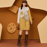 B.Duck小黃鴨長(cháng)袖連衣裙2025冬新款POLO領(lǐng)拼色提花針織毛衫連身裙 黃色 L