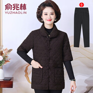俞兆林（YUZHAOLIN）媽媽冬裝中袖盤(pán)扣馬夾背心奶奶燈芯絨加絨小棉襖中老年女半袖馬甲 深咖色+黑色長(cháng)褲 加絨 2XL 110-125斤