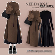 溥畔巨好看的早秋一整套深秋初冬穿搭套裝女針織連衣裙子法式氣質(zhì)長(cháng)裙 咖色開(kāi)叉毛衣裙配腰帶+黑色洋裝[ M 均碼