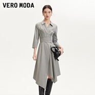VEROMODAVero Moda連衣裙秋季新款翻領(lǐng)壓褶條紋不規(guī)則裙擺七分袖 淺灰色加花色 XS