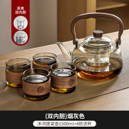富光（FUGUANG）玻璃煮茶壺家用耐熱加厚圍爐電陶爐專(zhuān)用茶具 (雙內膽)煙灰沐河提梁壺1500ml+4 1L以上