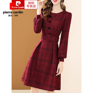 皮爾卡丹品牌女裝毛呢格子連衣裙女2025秋冬新款氣質(zhì)袖拉鏈修身a字裙  X 紅色 XL