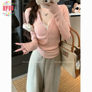 舒翎2025奶白v領(lǐng)長(cháng)袖針織衫女打底秋冬chic修身顯瘦毛衣淑女短款上衣 純欲霧粉 不帶蕾絲內搭 L 105-115斤