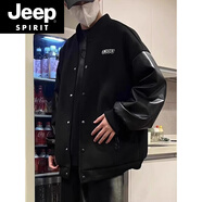 JEEP SPIRIT棒球服美式街頭字母黑色呢子PU皮袖子單排扣拼接情侶長(cháng)袖夾克外套 黑色外套【加.厚加棉款】 2XL 【145-160斤】
