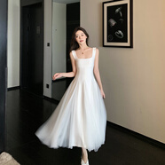 你但你butyou 白色吊帶連衣裙女網(wǎng)紗蓬蓬裙感生日訂婚禮服長(cháng)裙 白色 L