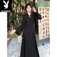 花花公子（PLAYBOY）大碼新中式國風(fēng)長(zhǎng)袖套裝裙女微胖禪意盤扣氣質(zhì)上衣半身裙兩件套 黑色兩件套(版)【超好看/國風(fēng)復(fù)古/時(shí)尚旗袍/新中 4XL 180-200斤