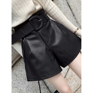 LISCN香港潮牌韓版黑色皮短褲女初冬時尚高腰顯瘦闊腿褲休閑外穿寬松靴 黑色 S 80-100斤