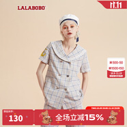 拉拉波波新款文藝海軍風(fēng)格紋西裝T恤女時尚減齡重工亮片潮短袖D20A-WSXW12 灰格紋 S