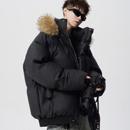 埖煦PU皮可拆卸毛領(lǐng)羽絨棉服男面包服棉衣加厚短款棉襖男冬季保暖外套 黑色 XL