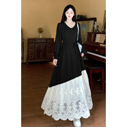 敲言法式氣質(zhì)蕾絲拼接連衣裙女大碼秋季2025胖mm高級感藍色假兩件長(cháng)裙 黑色高級感氣質(zhì)減齡俏皮法式赫本風(fēng)名媛風(fēng)千金超顯瘦遮 M 85-100斤