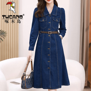 啄木鳥(niǎo)長(cháng)袖牛仔襯衫連衣裙女秋裝2025年早秋季新款女裝復古連身裙子 2186-【送棕色腰帶】- 2XL 【125-140斤】