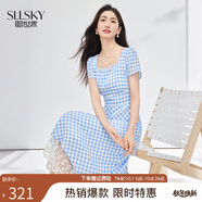 熙世界（sllsky）法式方領(lǐng)藍(lán)白格子連衣裙夏日海邊度假風(fēng)蕾絲拼接掐腰裙子 藍(lán)白格 M