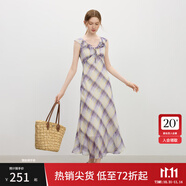 范思藍(lán)恩法式復(fù)古格紋荷葉邊連衣裙2025夏新款U型領(lǐng)顯瘦裙子2318 紫米格 L