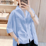 盛妙慈歐洲站夏季減齡短袖薄款休閑襯衫女2023新款氣質(zhì)寬松純色襯衣小衫 藍色 L_110-120斤