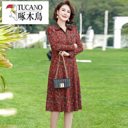 啄木鳥(niǎo)（TUCANO）中年女氣質(zhì)連衣裙新款媽媽春裝洋氣50歲長(cháng)裙中年女春秋長(cháng)袖裙子潮 紅色碎花 5XL 【建議143-160斤】