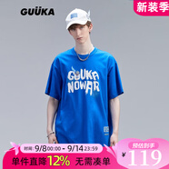 古由卡（GUUKA）xSANK嘻哈潮牌t恤男士短袖夏季情侶裝劉宇同款休閑寬松五分半截袖 彩藍(lán)色 F7063 M