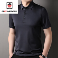 AEMAPE桑蠶絲短袖t恤男夏季冰.絲涼感條紋商務(wù)男裝夏天翻領(lǐng)體恤polo.衫 鐵灰 XL 175 建議 130-155斤