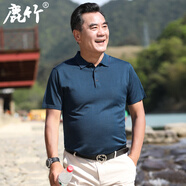 鹿竹爸爸夏裝紅色上衣中年男士冰絲短袖t恤中老年人男裝Polo衫婚宴裝 20157-深藍綠 針織冰絲 165 /S 95斤-115斤