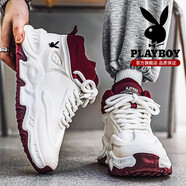 花花公子男鞋2026春秋季新款休閑老爹鞋子男款厚底增高運動(dòng)跑步小白鞋板鞋 白紅 PLHH103 42