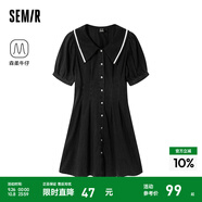 森馬牛仔連衣裙女撞色大翻領(lǐng)學(xué)院風(fēng)森柔牛仔夏收腰泡泡袖短裙甜酷 牛仔水洗黑98201 S