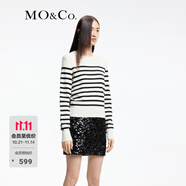 MO&Co.【新中式】針織衫綿羊毛斜襟金扣短款條紋中國風摩安珂 白黑條色 S 160