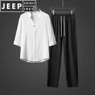 JEEP SPIRIT中國風(fēng)超薄五分袖冰絲亞麻套裝男夏季大碼寬松中袖T恤棉麻兩件套 上衣白+褲子黑(TZ201) M 【參考體重100-120斤】