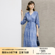 顏域藍(lán)色氣質(zhì)連衣裙女裝2024新款春季收腰顯瘦七分袖V領(lǐng)碎花裙子 藍(lán)花 L/40