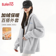 班尼路（Baleno）美式復(fù)古藏青色連帽外套女秋冬季上衣oversize潮流加絨開衫衛(wèi)衣
