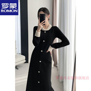 羅蒙（ROMON）名媛重工珍珠黑色打底針織長(cháng)裙大碼秋冬感法式復古顯瘦連衣裙 黑色 S