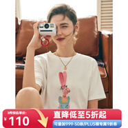 Olrain歐芮兒法式正肩短袖T恤女夏季寬松釘珠印花設(shè)計(jì)感體恤上衣 米白色 M