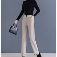 毛呢直筒褲加絨加厚褲子女冬九分褲女寬松小個(gè)子媽媽褲高腰女褲 燕麥色 XL 【115-125斤】