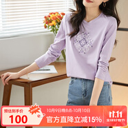 熙世界長(zhǎng)袖T恤女2025春季新款民族風(fēng)復(fù)古刺繡百搭寬松圓領(lǐng)體恤衫 紫芒色 M