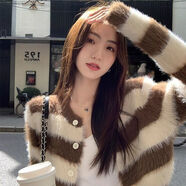 施代柔條紋2025新款爆款開衫毛衣外套女秋冬橫條紋短款別 咖色 M 建議95-105斤穿