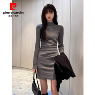 皮爾卡丹（pierre cardin）灰色包臀裙打底針織秋冬連衣裙女冬季穿搭風(fēng)衣大衣內搭修身裙子 【灰色】半高領(lǐng)褶皺包臀裙.、、 M