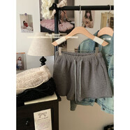 苜戈新款松緊腰羊羔毛軟糯休閑褲女裝冬季加厚毛絨絨直筒短褲熱褲 灰色羊羔毛短褲 S  建議70-90斤