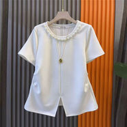 大碼女裝釘珠領(lǐng)前開(kāi)叉側壓褶小衫韓版糖果色甜美春夏款胖妹妹上衣 白色 3XL 3XL建議120-150斤