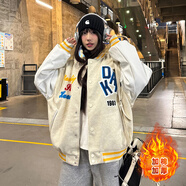 韓惠芷美式復古加厚棒球服外套女秋冬新款韓版寬松百搭學(xué)生夾克機車(chē)風(fēng)潮 A82杏色冬款 【夾棉加厚】 L 【建議100-125斤】