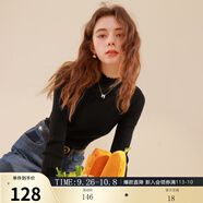 三彩冬款純色坑條針織衫木耳邊半高領(lǐng)修身打底內(nèi)搭簡約女 經(jīng)典黑 M