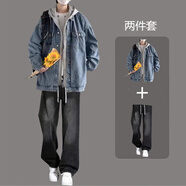 曙影（SHUYING）港風(fēng)春秋季假兩件連帽牛仔夾克男生穿搭外套寬松套裝潮流一套搭配 W48藍色+K180黑褲 L 【110-125斤】