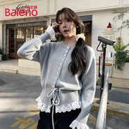 班尼路紅色毛衣女裝保暖針織開(kāi)衫秋冬季新款馬年氛圍感小香風(fēng)花邊毛衫女 麻灰#純色 M