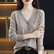 TOMMY JEANS湯米女士春秋V領(lǐng)開(kāi)衫純色羊毛外套女裝薄款百搭毛衣針織衫 駝色 M 建議90-100斤