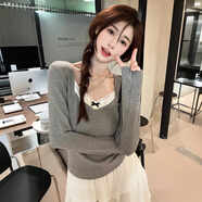 妙奕嘉長(cháng)袖t恤女士打底衫女可外穿內搭秋裝新款2025年上衣正肩顯瘦秋衣 蕾絲蝴蝶結純欲打底衫【灰色】 L 【建議95-105斤內】