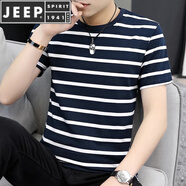 JEEP SPIRIT23夏新款絲光棉短袖T恤男夏季黑白條紋半袖?；晟辣z上衣潮 295深藍(lán)色 XL (適合130-145斤)
