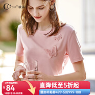 Olrain歐芮兒立體刺繡蝴蝶T恤夏季新款圓領(lǐng)短袖粉色寬松上衣設(shè)計感 粉色 S