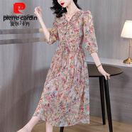 皮爾卡丹杭州真絲桑蠶絲連衣裙女夏季2025年新款媽i媽收腰顯瘦碎花裙子 裙子夏天深圳南油女裝-粉色花(8999) 廣州十三行連衣裙-3XL建議135-145斤