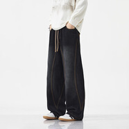 卡魯微超大號牛仔褲男士寬松秋冬季新款美式復古休閑直筒松緊抽繩褲子男 黑色 5XL