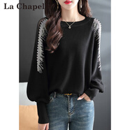 拉夏貝爾（La Chapelle）2025秋裝新款黑色上衣鑲鉆鏤空燈籠袖冰絲打底針織衫蝙蝠袖寬松女 黑色翅膀 M 90-105斤