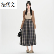 法堡文花苞裙半身裙復古格子褶皺花苞韓系百搭傘裙高腰松緊字長(cháng)半裙 藍咖格 S
