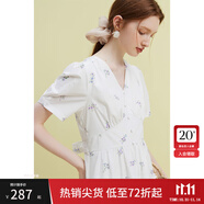 范思藍恩23FS12642茶歇法式碎花連衣裙女夏季新款V領沙灘長裙 白底紫花 M